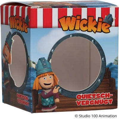 Wickie badente Figur mit blau helmet und lila Outfit in rot weiß striped gift box mit porthole windows