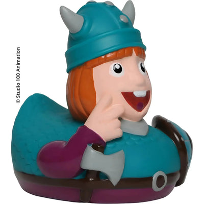 Petrolfarben und lila gummiente vikingerthema mit grauen hörnern lächelnd und axt an der seite schnabels badeente wickie