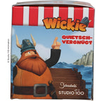 Wickie badeente halvar mit braunem bart und hornhelm auf rot-weiß gestreifter schnabels geschenkbox