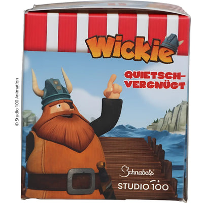 Wickie badeente halvar mit braunem bart und hornhelm auf rot-weiß gestreifter schnabels geschenkbox