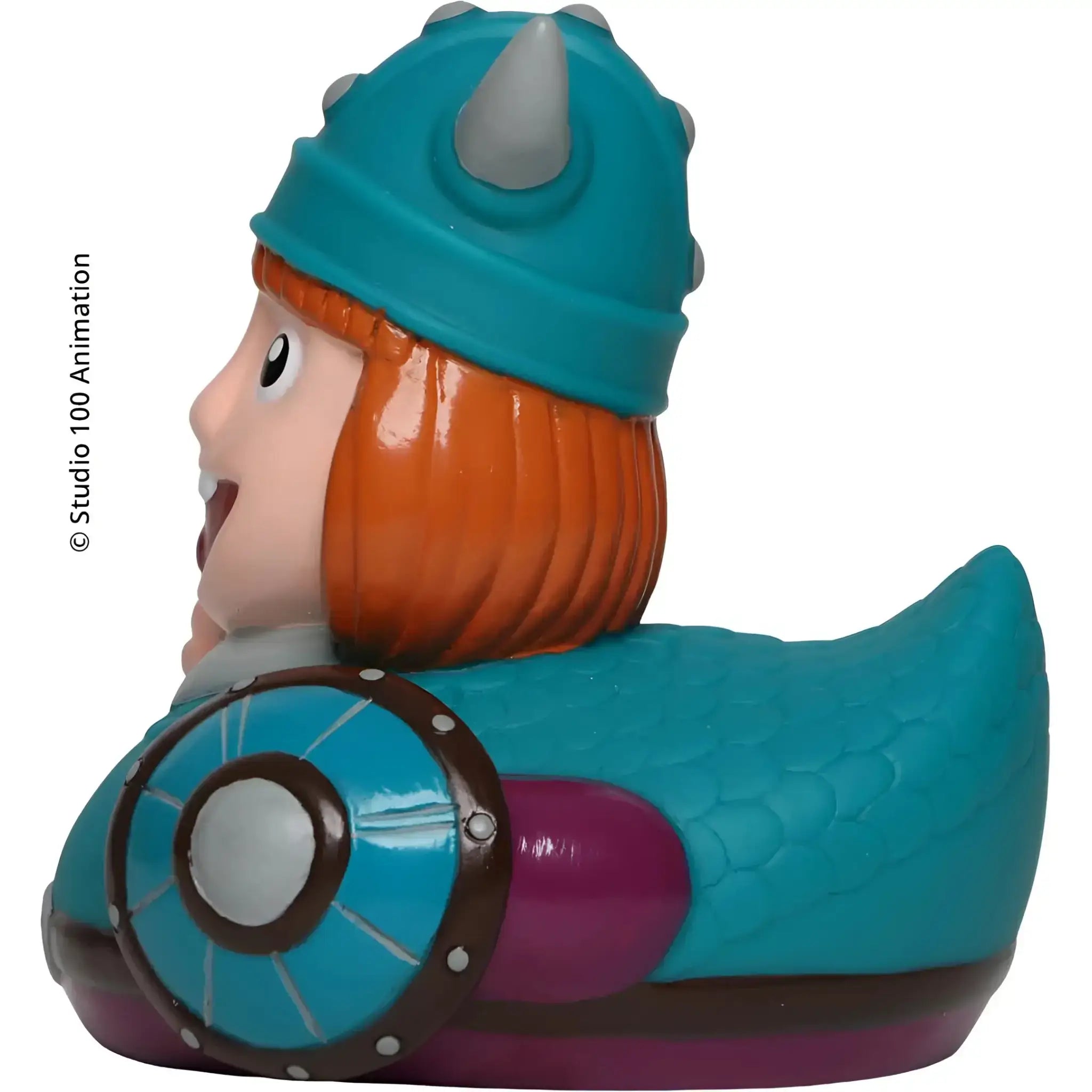 Petrolfarben und lila gummiente von schnabels mit blauem wikingerhelm und rundem schild in geschenkverpackung