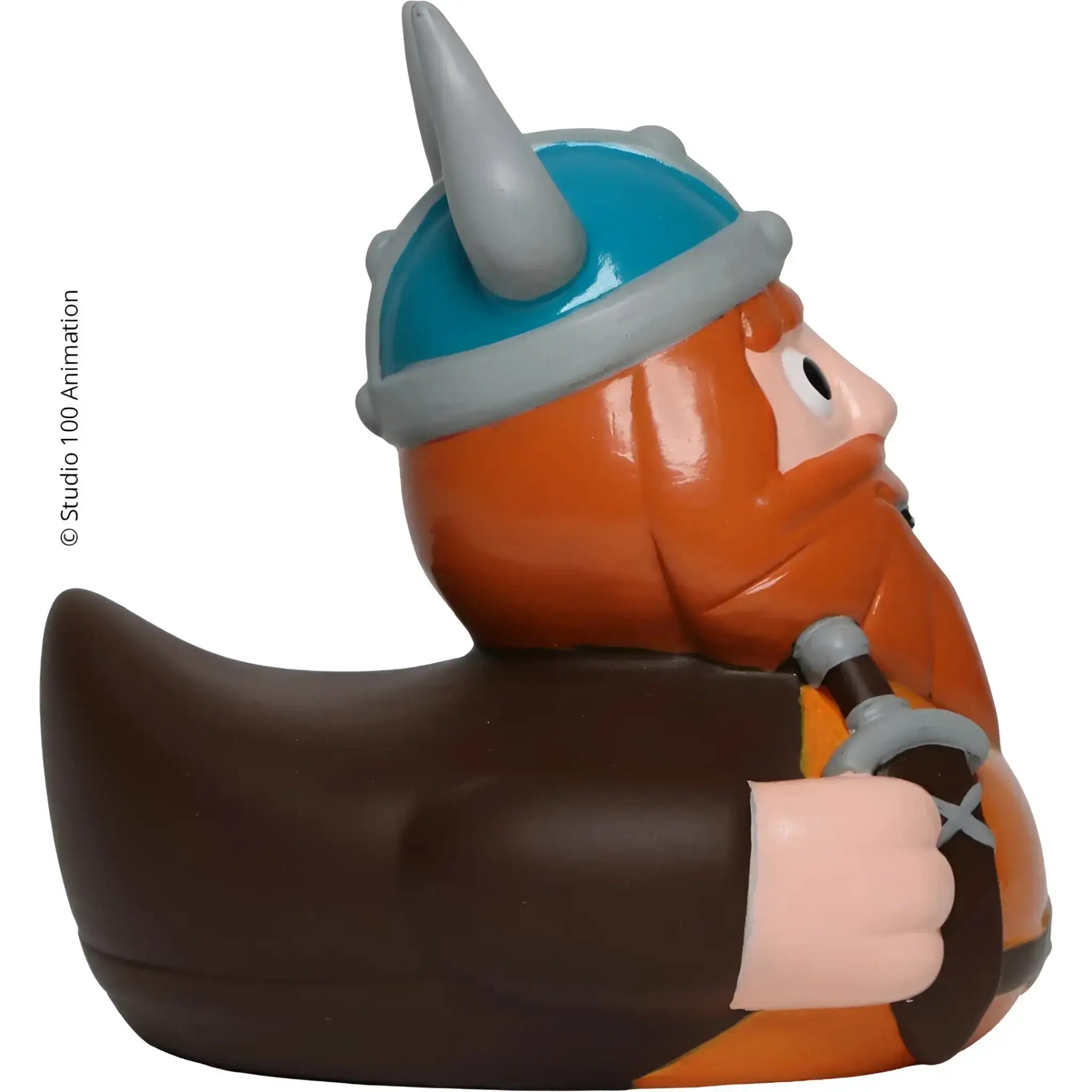 Orange-bärtige viking badeente schnabels halvar mit blau-grauem helm und schwert in geschenkverpackung