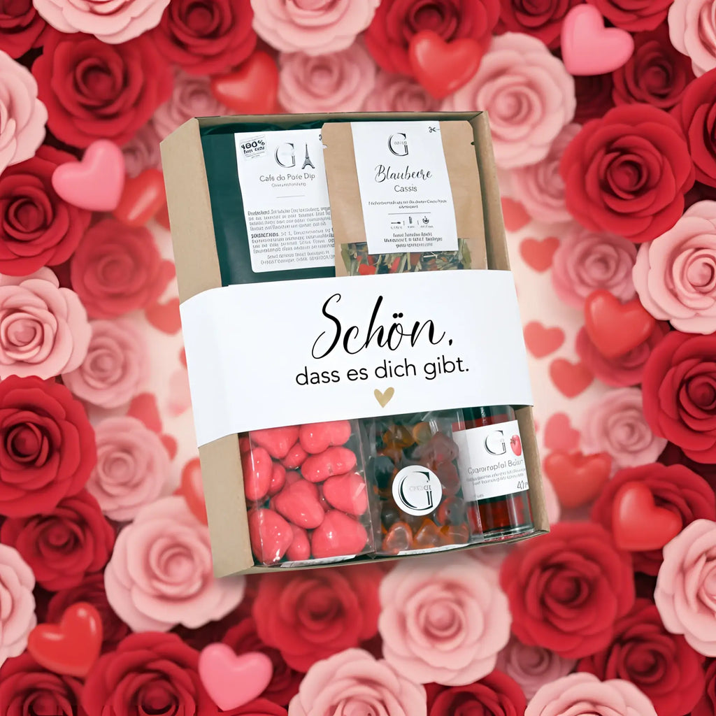 Ein schön dass es dich gibt geschenkset mit charmantem geschenkbox weißem band und klaren behältern mit schokolade und bonbons