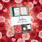 Ein schön dass es dich gibt geschenkset mit charmantem geschenkbox weißem band und klaren behältern mit schokolade und bonbons