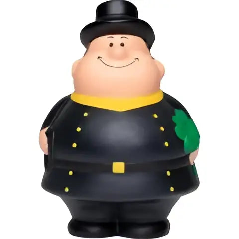 Black plastic figurine of schornsteinfeger bert smiling man in top hat and uniform with yellow trim
