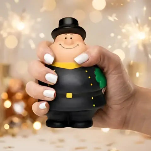 Schwarzer kunststoff stressball schornsteinfeger bert® in form eines lächelnden mannes mit zylinder und anzug