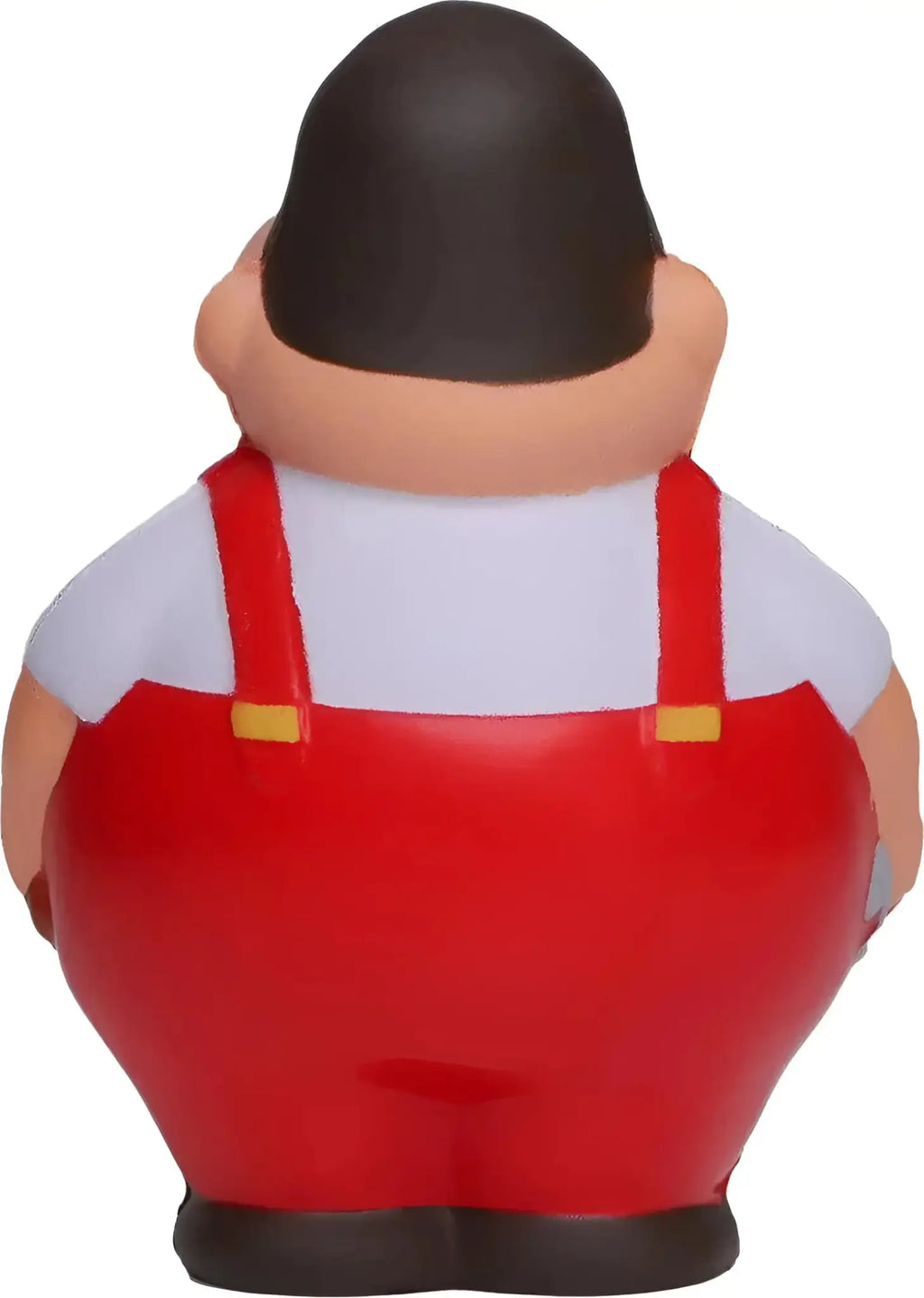Roter und weißer plastik stressball in form von peter griffin mit roten latzhosen und gelben schnallen von schrauber bert