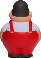 Roter und weißer plastik stressball in form von peter griffin mit roten latzhosen und gelben schnallen von schrauber bert