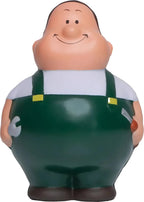 fröhliche cartoon mechaniker figur schrauber bert mit grünen overall und gelben schnallen als anti-stress-quetsch-figur