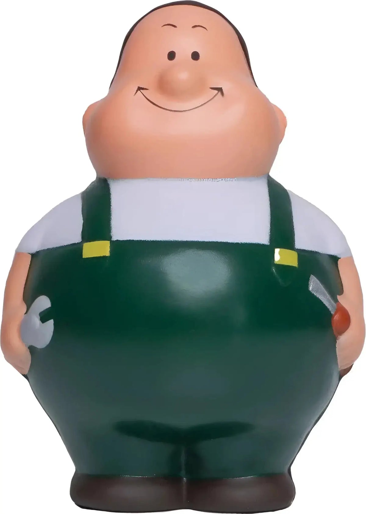 fröhliche cartoon mechaniker figur schrauber bert mit grünen overall und gelben schnallen als anti-stress-quetsch-figur