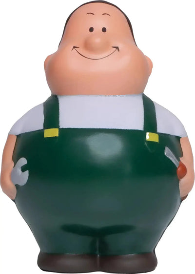fröhliche cartoon mechaniker figur schrauber bert mit grünen overall und gelben schnallen als anti-stress-quetsch-figur