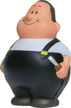 Schrauber bert anti stress quetschfigur mit schwarzer latzhose und hellblauem hemd hält werkzeug in der hand