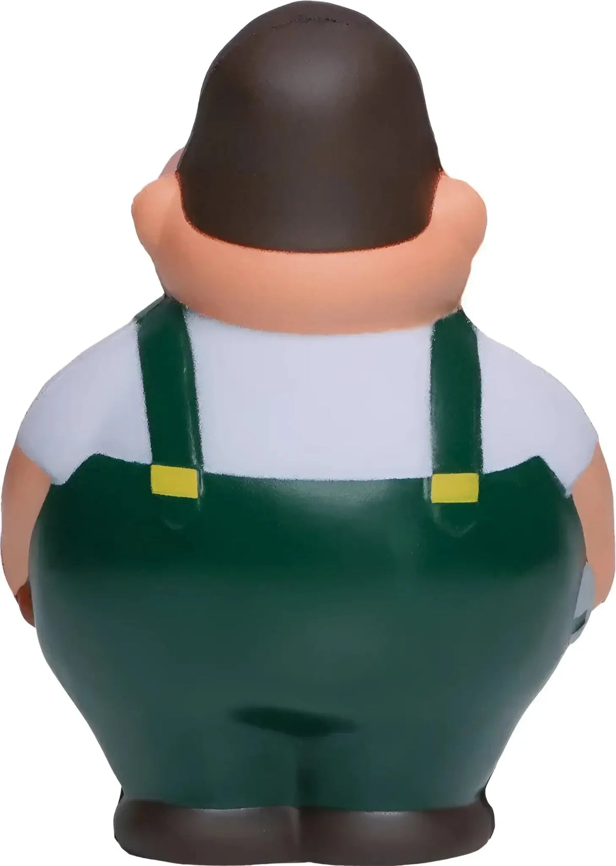 Plastikfigur peter griffin von family guy von hinten in grünen overalls mit gelben schnallen als anti stress schrauber bert