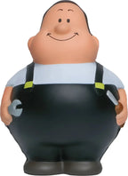 Chubby cartoon mechaniker figur schrauber bert mit schwarzen overalls und gelben reflektoren als anti-stress-quetsch-figur