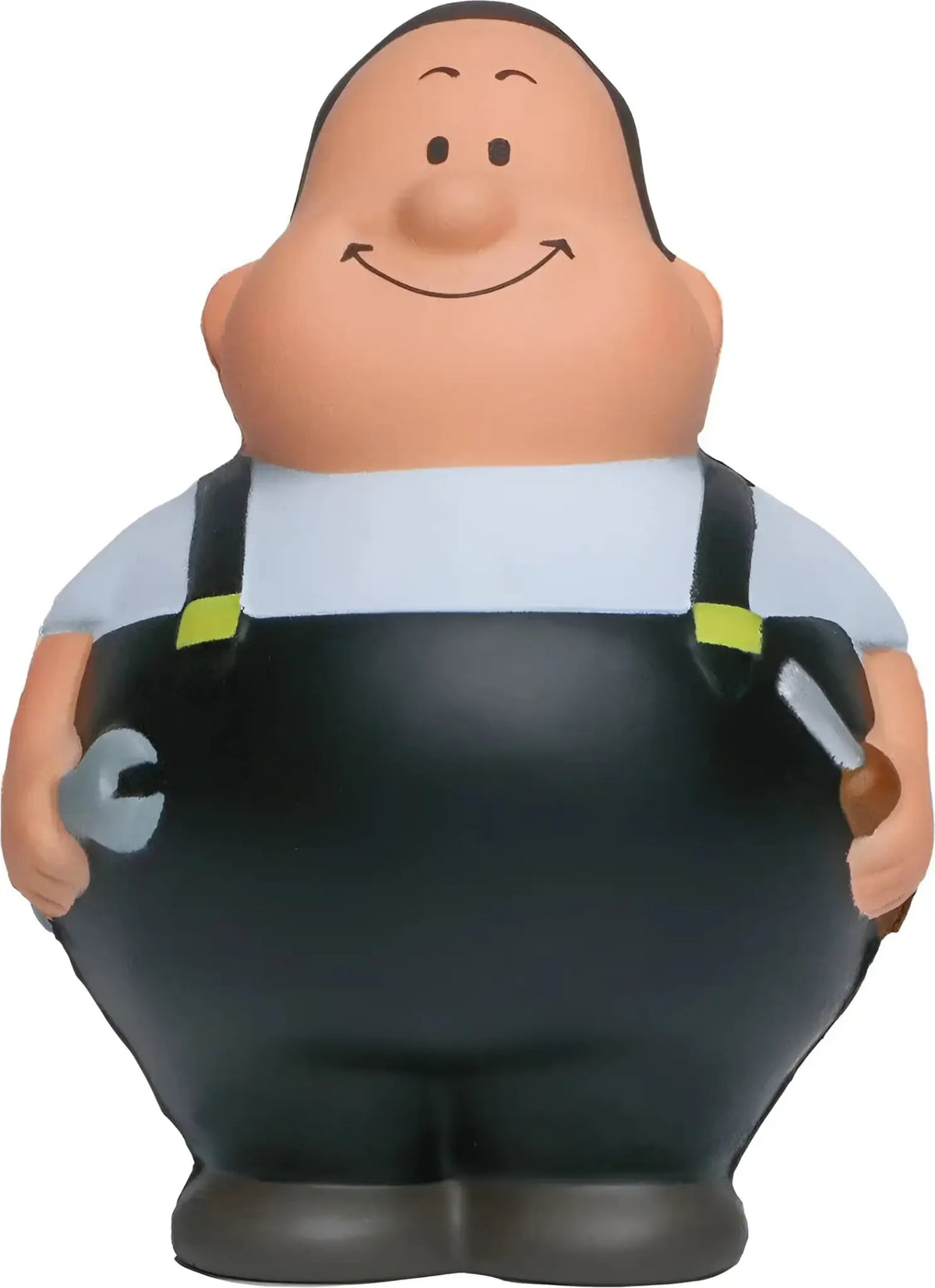 Chubby cartoon mechaniker figur schrauber bert mit schwarzen overalls und gelben reflektoren als anti-stress-quetsch-figur