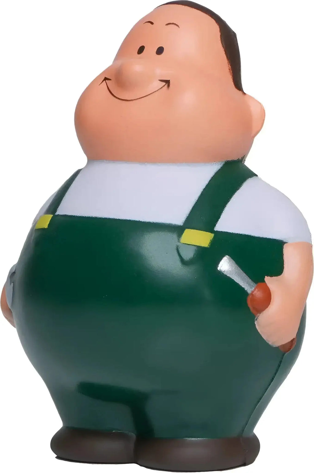 Ein fröhlicher pummeliger schrauber bert anti-stress-quetsch-figur in grünen overalls mit gelben trägern und weißem shirt