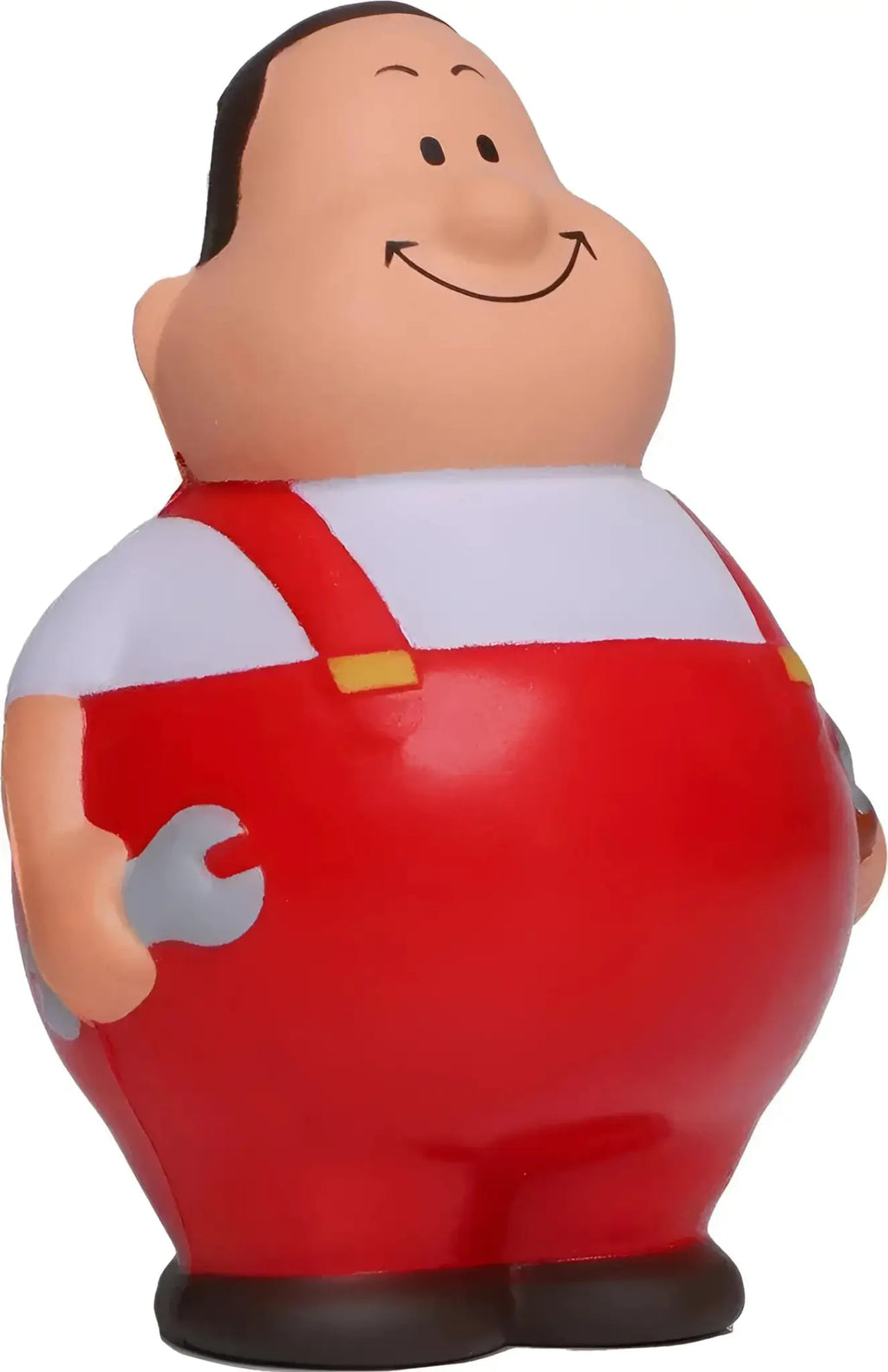 Rote und weiße cartoon schrauber figur mit lächelndem gesicht und silbernem schlüssel anti-stress spielzeug