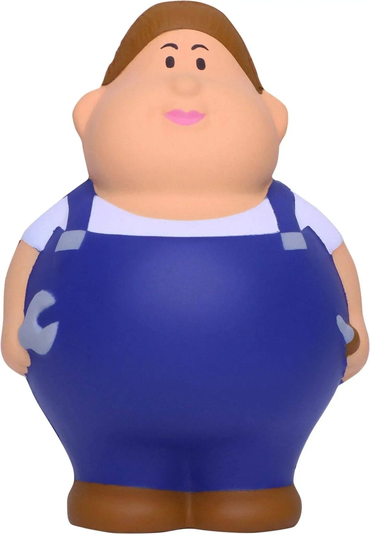 Blauer gummi stress-quetsch-figur schrauberin berta cartoon mann in overalls mit braunen haaren und rosa lippen