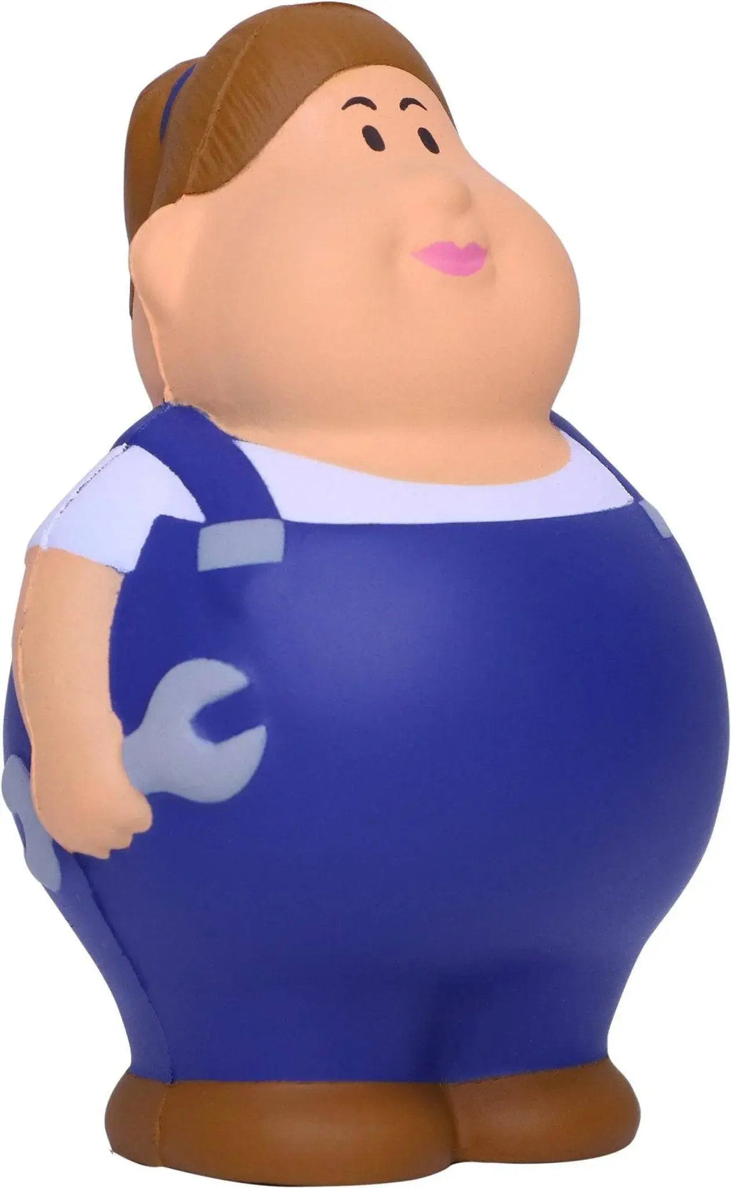 Blau weiße cartoon mechaniker figur mit braunen haaren hält schraubenschlüssel anti stress quetschfigur