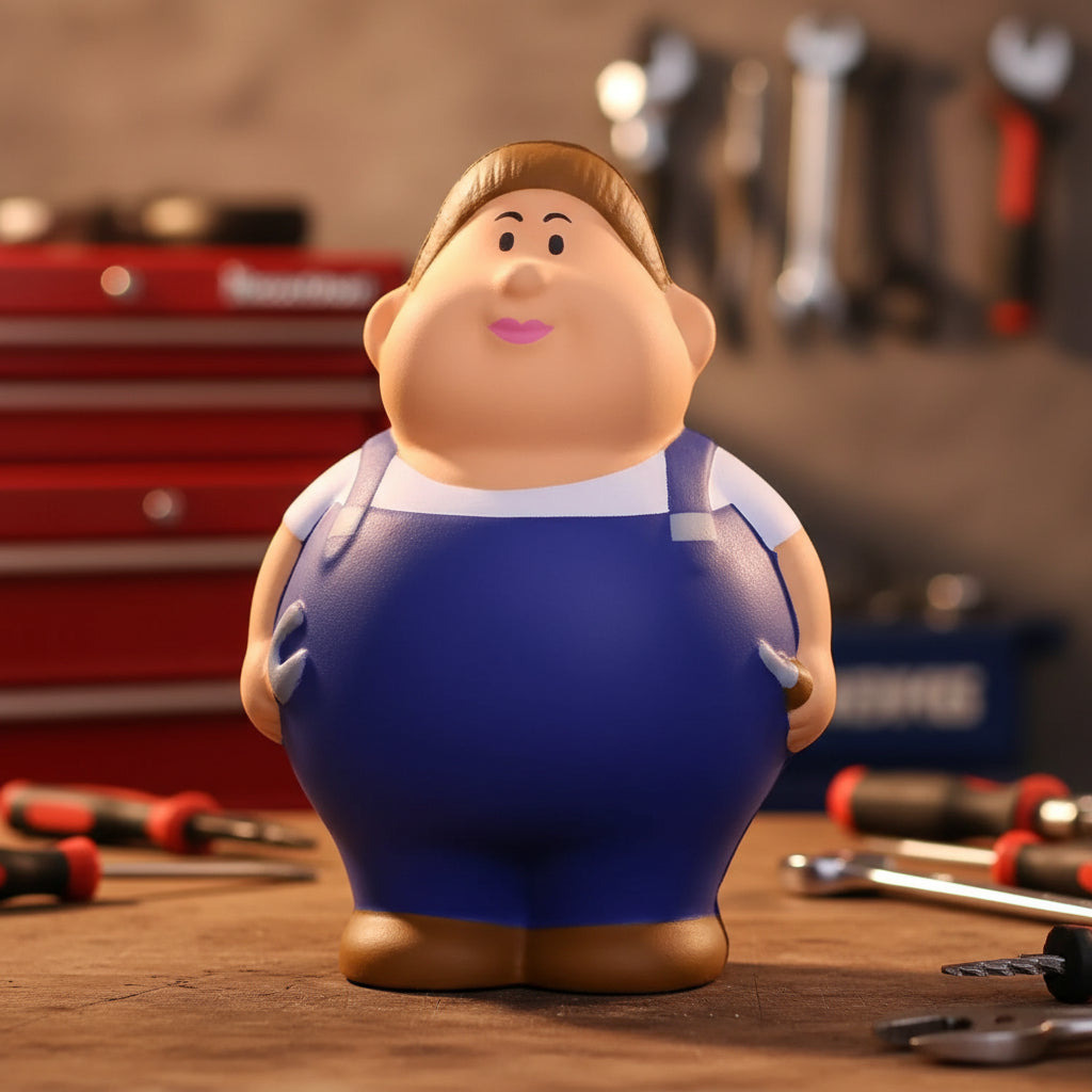Schrauberin Berta anti-stress-quetsch-figur stressball mit blauen overalls braunen haaren und weißem shirt
