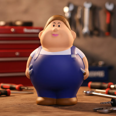 Schrauberin Berta anti-stress-quetsch-figur stressball mit blauen overalls braunen haaren und weißem shirt