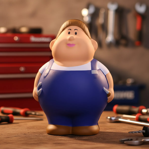 Schrauberin Berta anti-stress-quetsch-figur stressball mit blauen overalls braunen haaren und weißem shirt