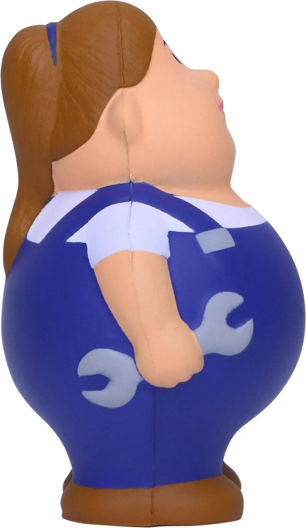 Schrauberin berta anti-stress-quetsch-figur mechaniker stressball blau weiß mit braunem pferdeschwanz