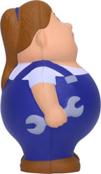 Schrauberin berta anti-stress-quetsch-figur mechaniker stressball blau weiß mit braunem pferdeschwanz