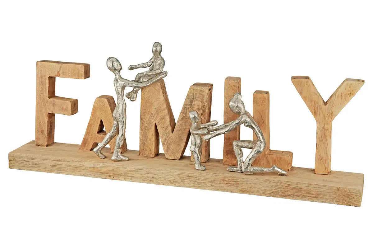 Schriftzug: „Family“ • Mangoholz & Aluminium • Natur/Silber • 21×55×7,5 cm • Gilde - Skulptur