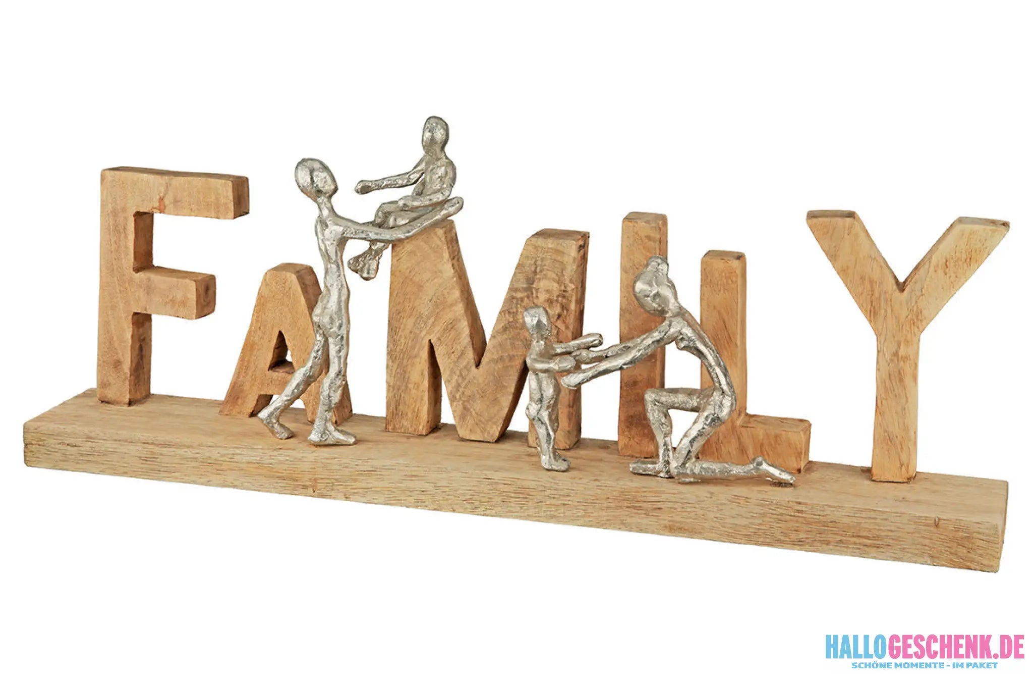Schriftzug: „Family“ • Mangoholz & Aluminium • Natur/Silber • 21×55×7,5 cm • Gilde - Skulptur
