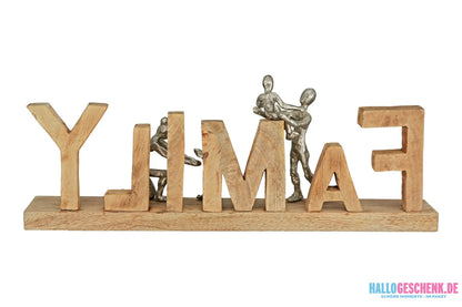 Schriftzug: „Family“ • Mangoholz & Aluminium • Natur/Silber • 21×55×7,5 cm • Gilde - Skulptur