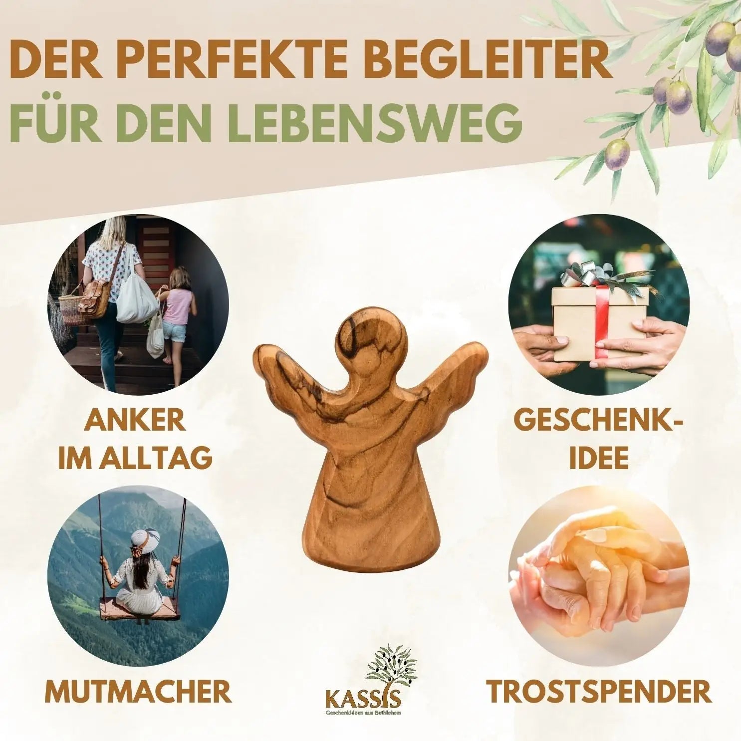 Schutzengel Handschmeichler Glücksbringer aus Olivenholz als Geschenk mit Spruch ’Du schaffst das’ - Engel