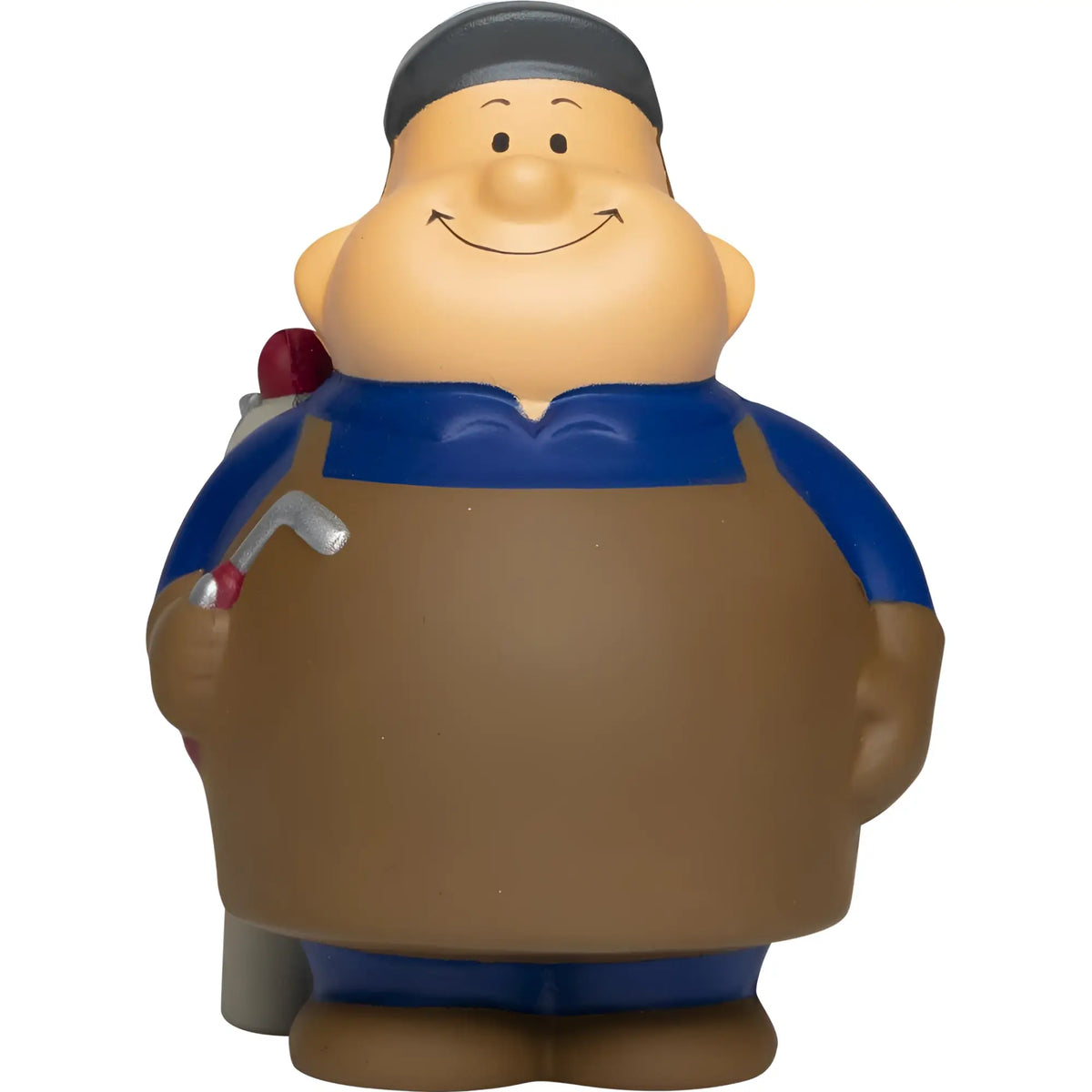 Chubby cartoon mechanic figurine schweißer bert with gray cap blue shirt brown apron holding red-handled tool stress toy