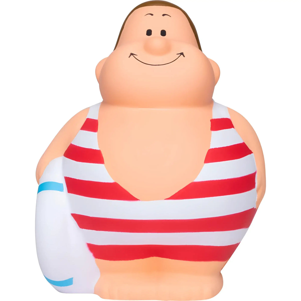 A fröhliche chubby anti-stress-figur schwimmer bert in rot-weiß gestreiften badehosen mit blau gestreiftem armband