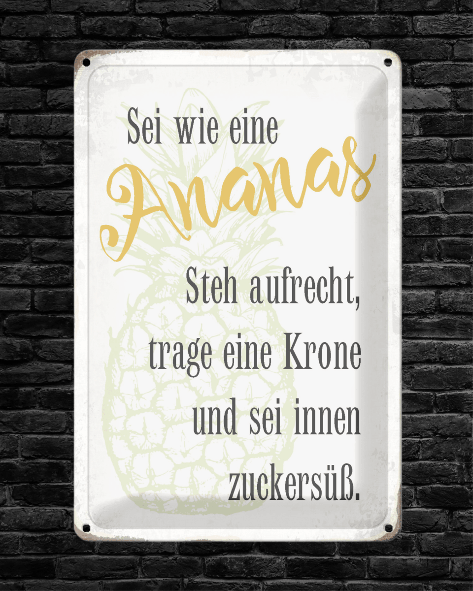 Sei wie eine Ananas • Blechschild mit Motiv • 20x30 cm Hochformat - HalloGeschenk.de