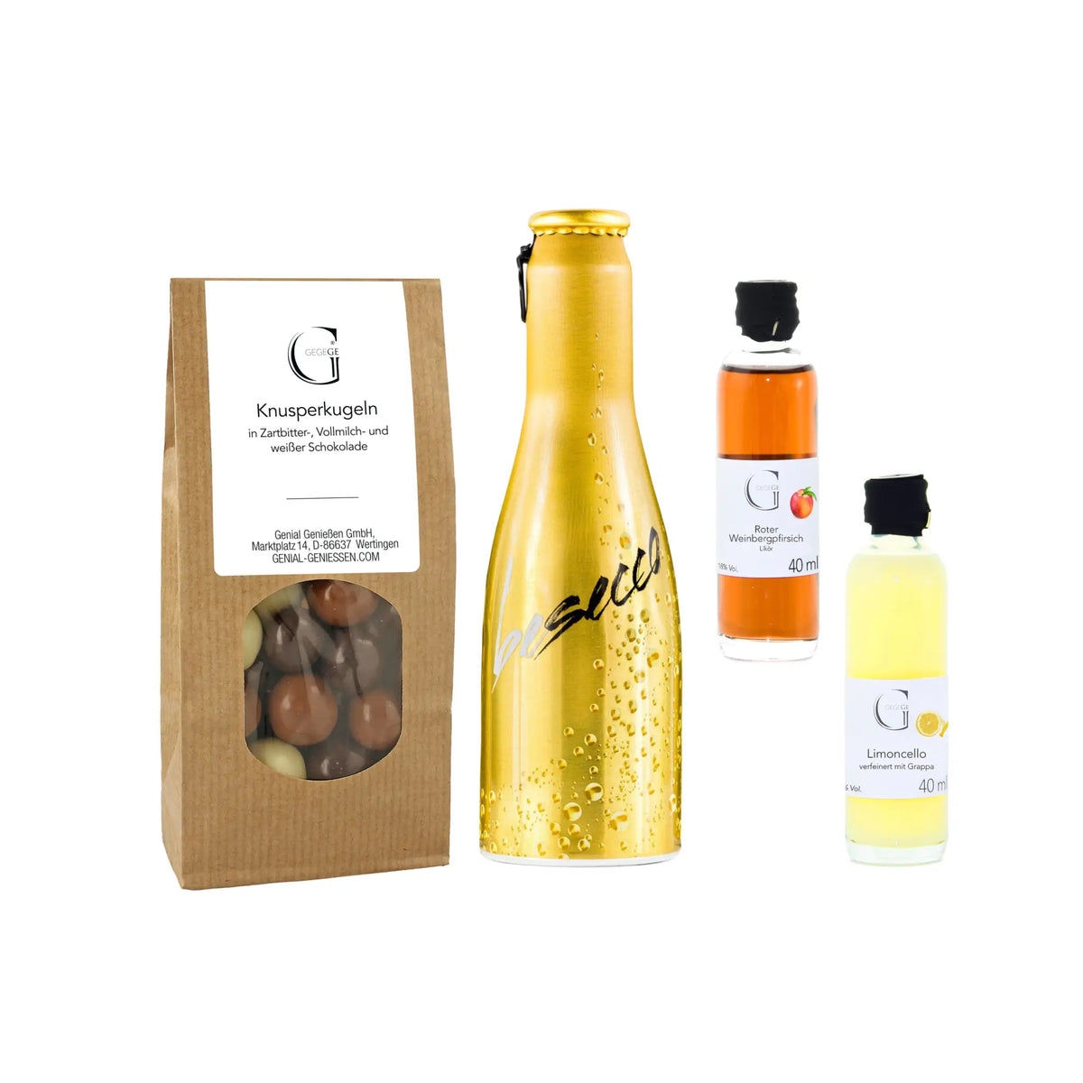 Goldene metallflasche mit masecco in schwarzer kalligraphie und goldverschluss im sektparty geschenkset