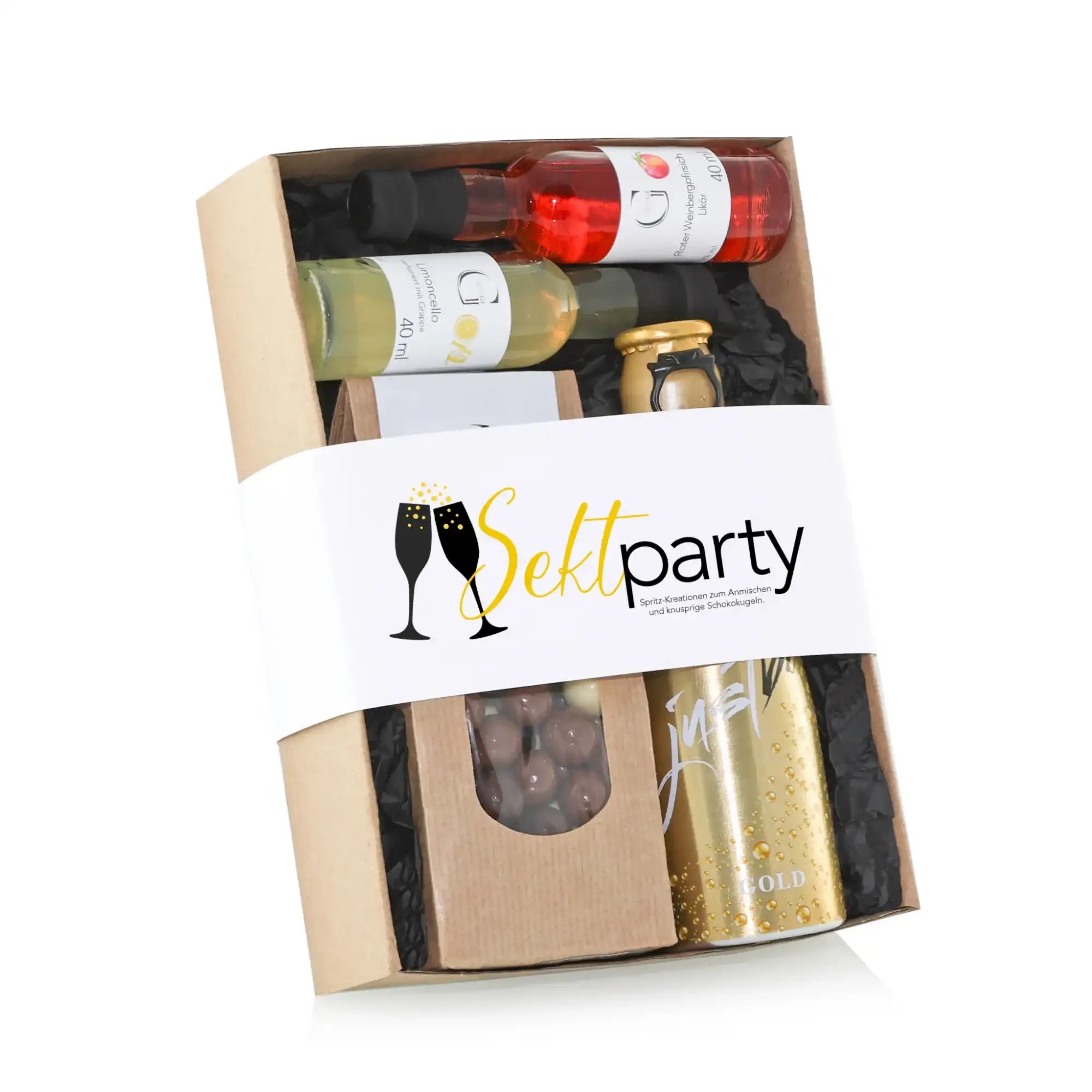 Beige sektparty geschenkbox mit mini sektflaschen und goldener dose im weißen band präsentkorb fürs feiern