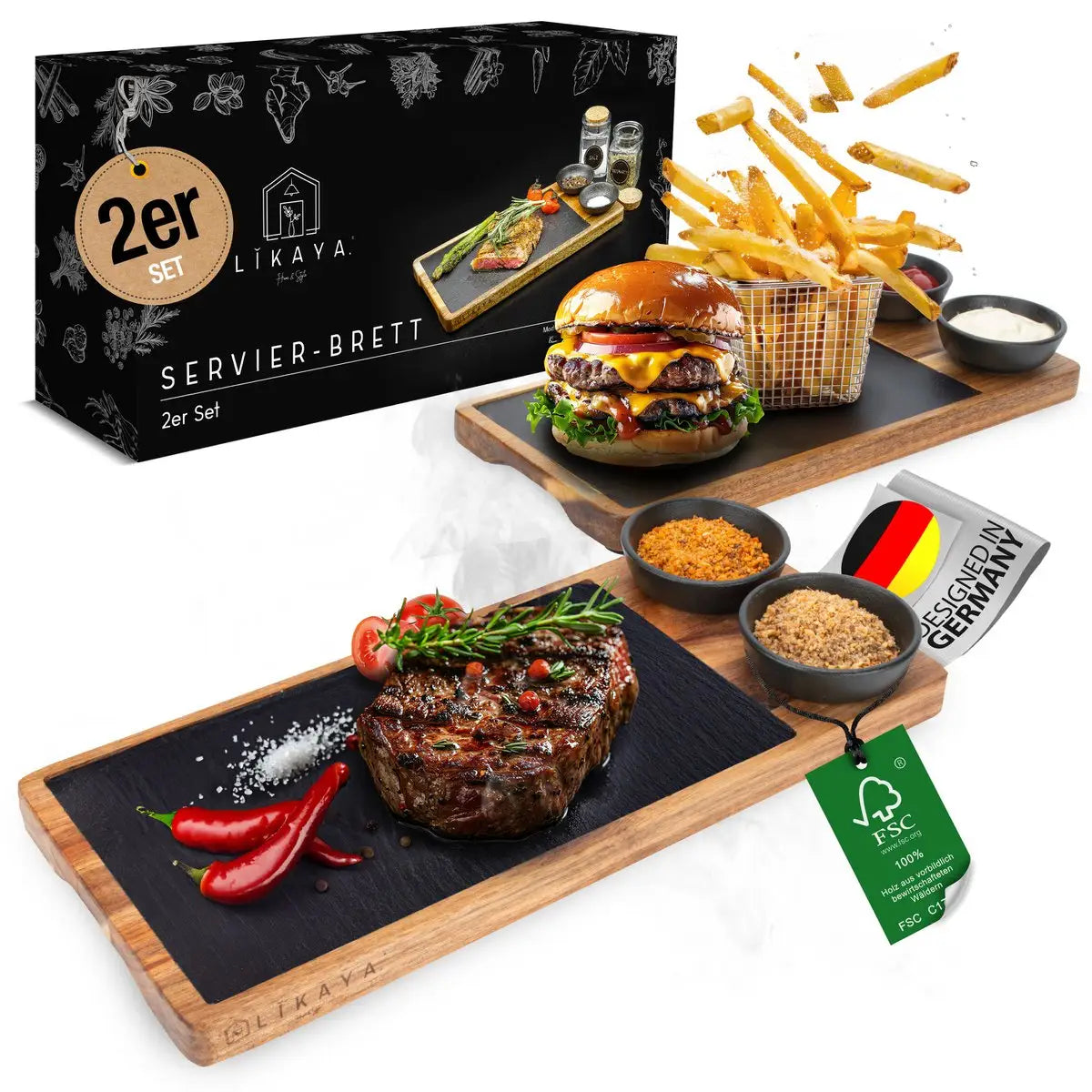 Servierbrett 'LUIS' 2er Set aus FSC® Akazien-Holz mit Schieferplatte & Saucen Schüsseln