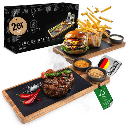 Servierbrett 'LUIS' 2er Set aus FSC® Akazien-Holz mit Schieferplatte & Saucen Schüsseln