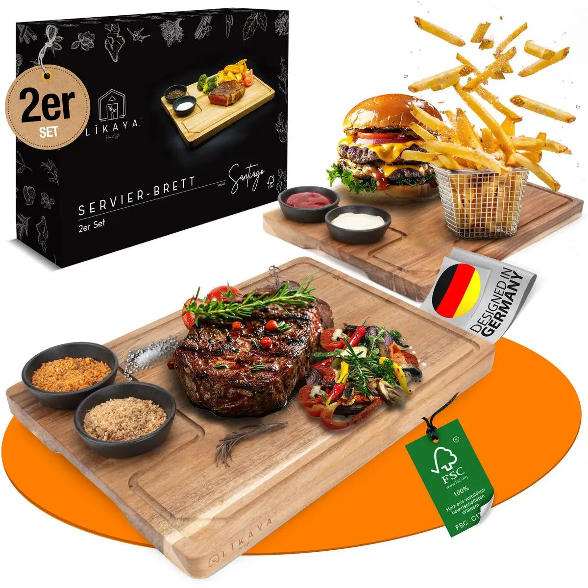 Servierbrett XXL 'Santiago' 2er Set aus FSC® zertifiziertem Akazien-Holz mit Saucen Schüsseln