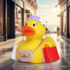 Gelbe shopping quietsche-ente mit lila stirnband und weißen blumen, trägt einkaufstaschen und kleine beigetasche
