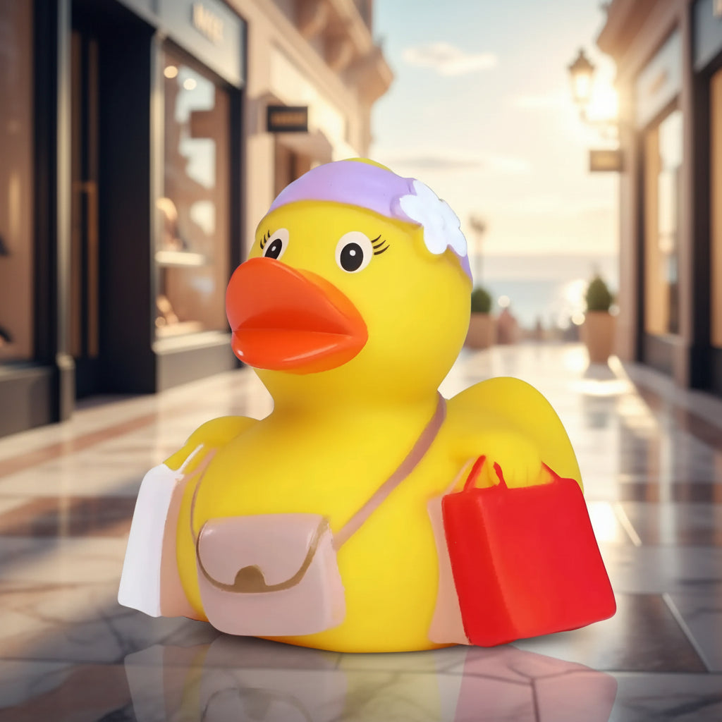 Gelbe shopping quietsche-ente mit lila stirnband und weißen blumen, trägt einkaufstaschen und kleine beigetasche