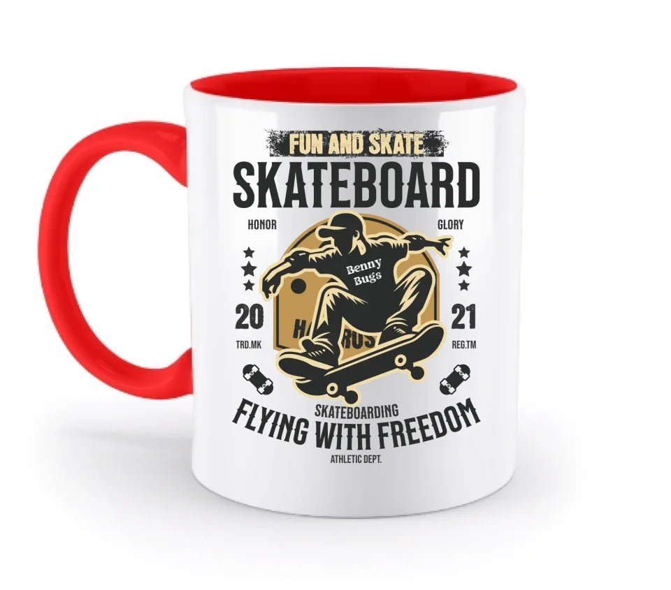 Skater mit Wunschname • Skateboard • zweifarbige Tasse (spülmaschinengeeignet) • Exklusivdesign • personalisiert von HalloGeschenk.de