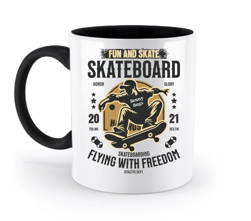 Skater mit Wunschname • Skateboard • zweifarbige Tasse (spülmaschinengeeignet) • Exklusivdesign • personalisiert von HalloGeschenk.de