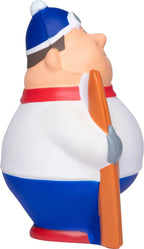 Blaue und weiße ski bert anti-stress-figur mit rotem rand und orangefarbenem paddel zum quetschen