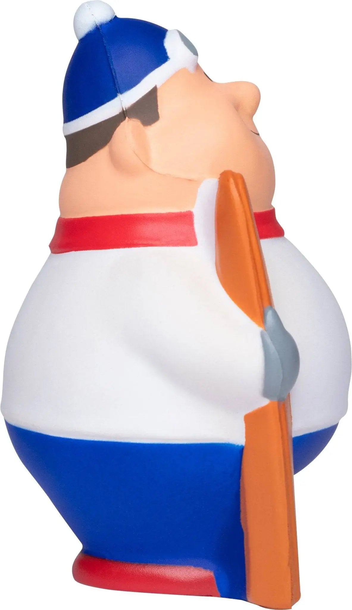 Blaue und weiße ski bert anti-stress-figur mit rotem rand und orangefarbenem paddel zum quetschen