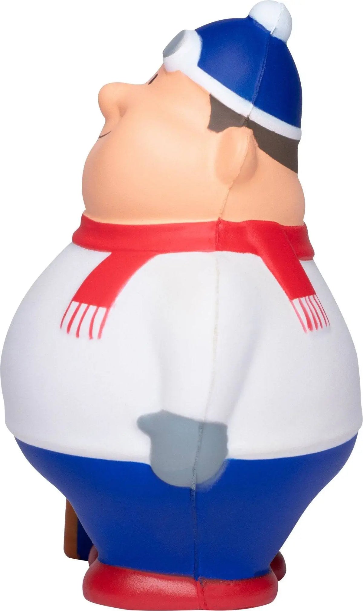 Eine chubby skier figur namens ski bert mit blauer weißen wintermütze rotem schal und weißem pullover