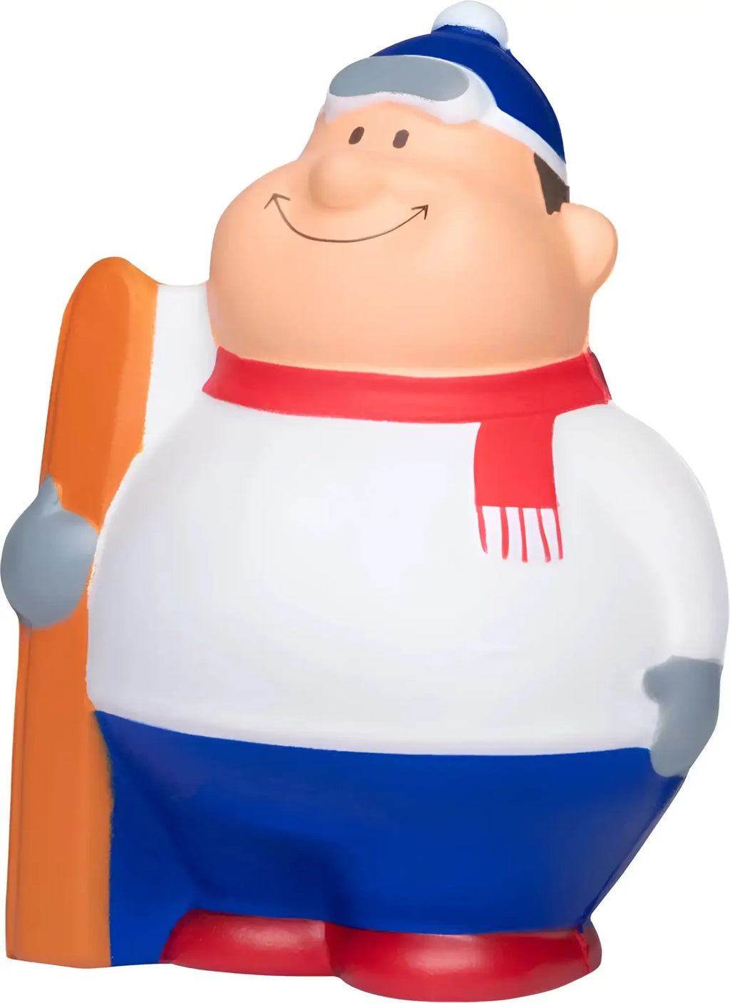 Fröhliche cartoon ski-instructor anti-stress-figur mit blauem hut, weißen goggles, rotem schal und orangen ski