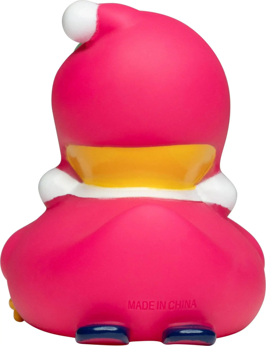 Eine pinke quietscheente aus gummi mit weihnachtlicher mütze und blauen füßen ideal fürs badezimmer