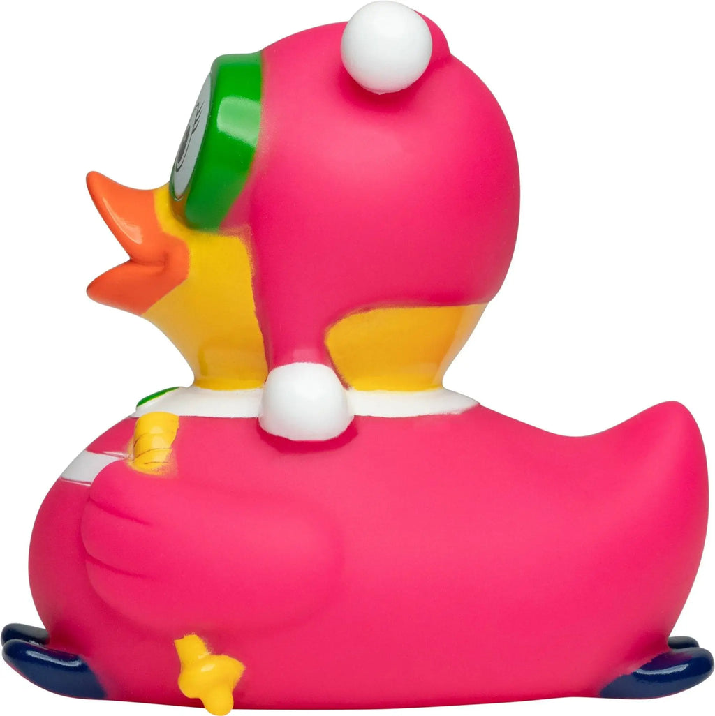 Rosa quietscheente mit weihnachtsmütze und gelbem stern bauch für skifahrer und badezimmerspaß